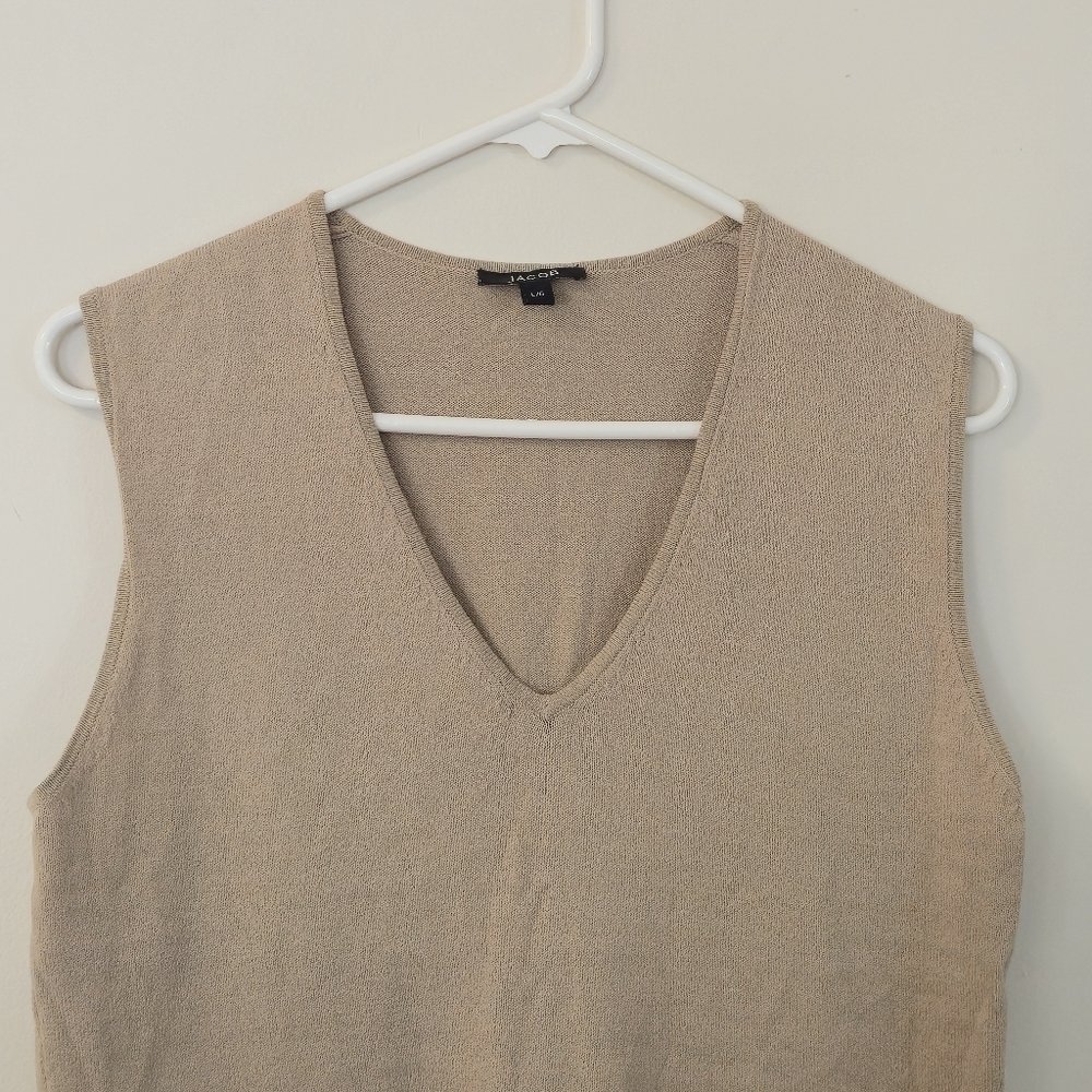 JACOB L Beige V-Neck Sleeveless Tank Minimalist Layering Essential Knit Vest Top - Picture 3 of 11
